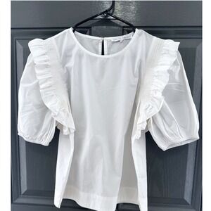 100% Cotton Ruffle Smocked Blouse Womens Small White Puff Sleeve Cottagecore